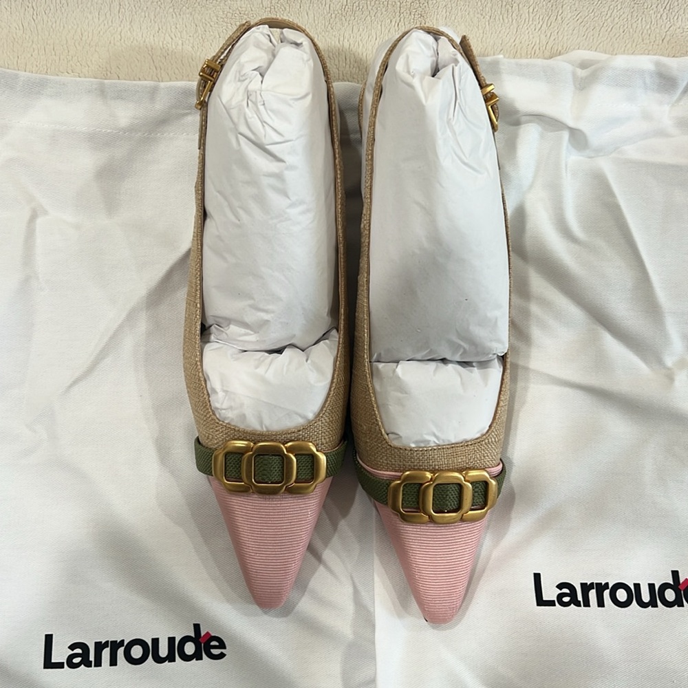 LARROUDÉ Franca Slingback Pumps – Beige Raffia w/ Pink Toe - Picture 4 of 6
